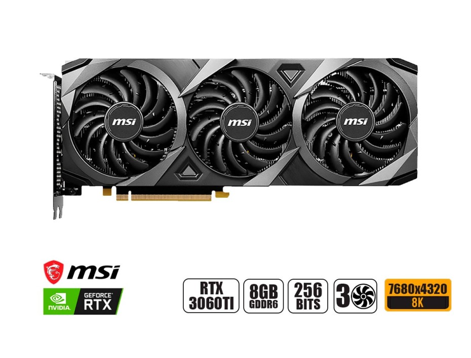 TARJETA DE VIDEO MSI RTX 3060 TI VENTUS 3X OC LHR 8GB GDDR6 (912-V397-246) GEFORCE NVIDIA 256 BITS | 3 VENTILADORES