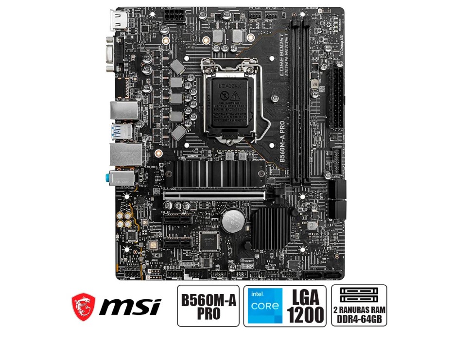 PLACA MADRE MSI B560M-A PRO, PARA PROCESADORES INTEL LGA 1200, 2 RANURAS DE MEMORIA DDR4 HASTA 64GB BUSS 5200, 10A 11VA GEN. (911-7D20-010)