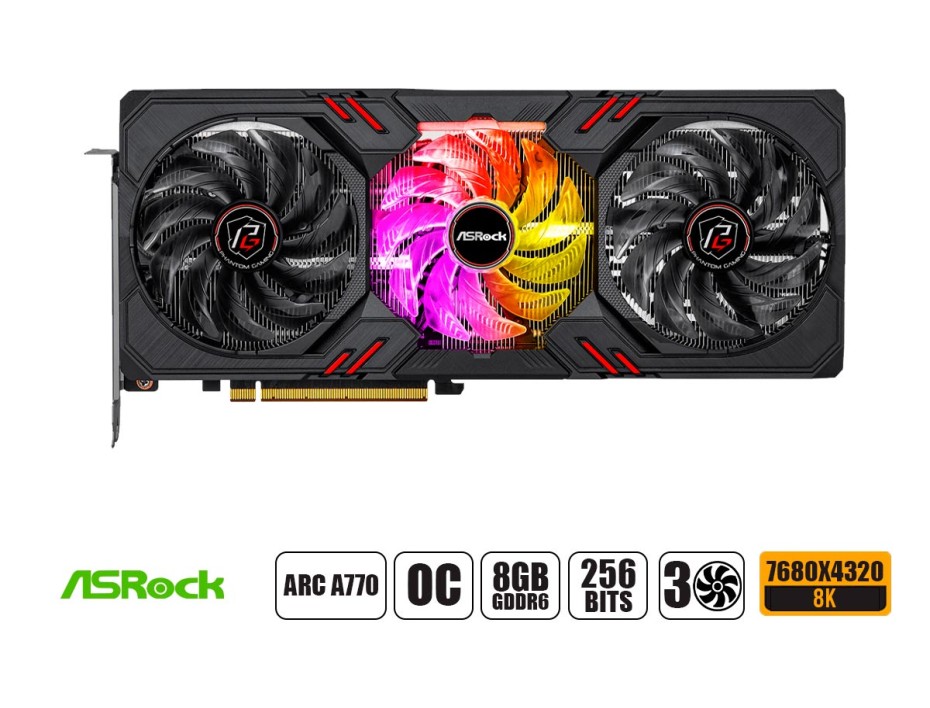 TARJETA DE VIDEO ASROCK ARC A770 PHANTOM GAMING D OC 8GB GDDR6 (A770 PGD 8GO) INTEL 256 BITS | 3 VENTILADORES