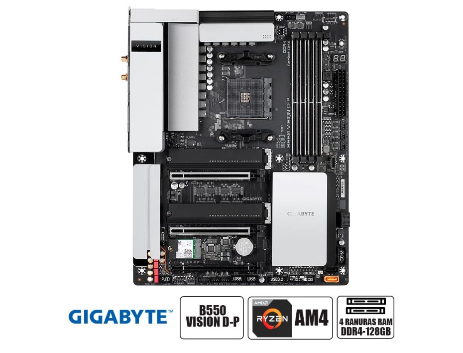 PLACA MADRE GIGABYTE B550 VISION D-P, PARA PROCESADOR AMD RYZEN AM4, 4 RANURAS DE MEMORIA DDR4 HASTA 128GB BUSS 5400 MHZ (B550 VISION D-P)