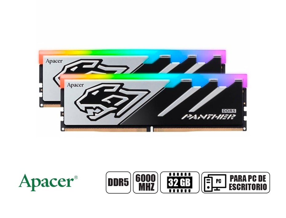 MEMORIA RAM APACER DDR5 32GB (16GBX2), FRECUENCIA 6000 MHZ, PHANTER NEGRO CON ILUMINACION LED RGB, PARA PC DE ESCRITORIO (AH5U32G60C5129BAA-2)