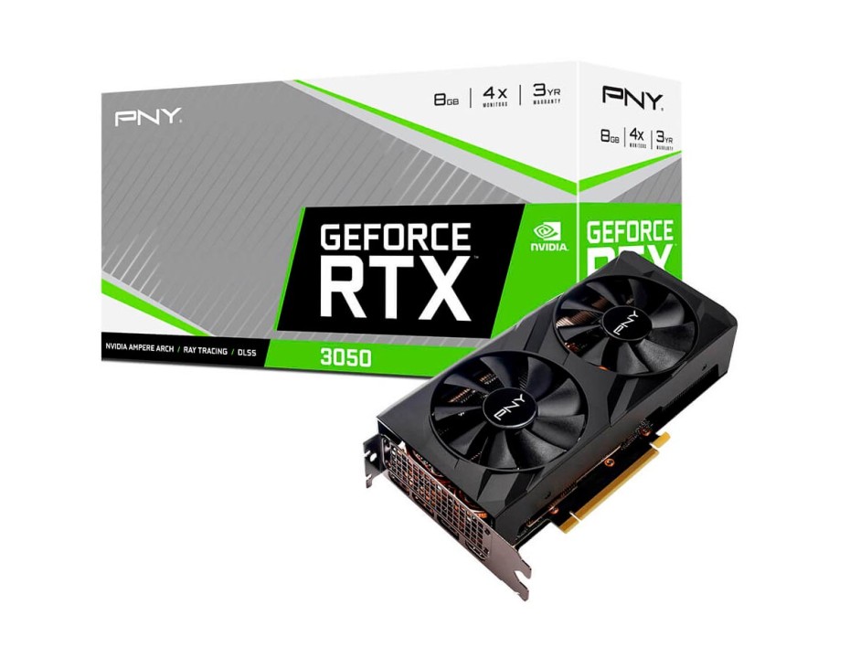 TARJETA DE VIDEO PNY RTX 3050 8GB GDDR6 GEFORCE NVIDIA VERTO 128 BITS, GRAFICO PARA VIDEOJUEGOS, 2 VENTILADORES (VCG30508DFBPB1)