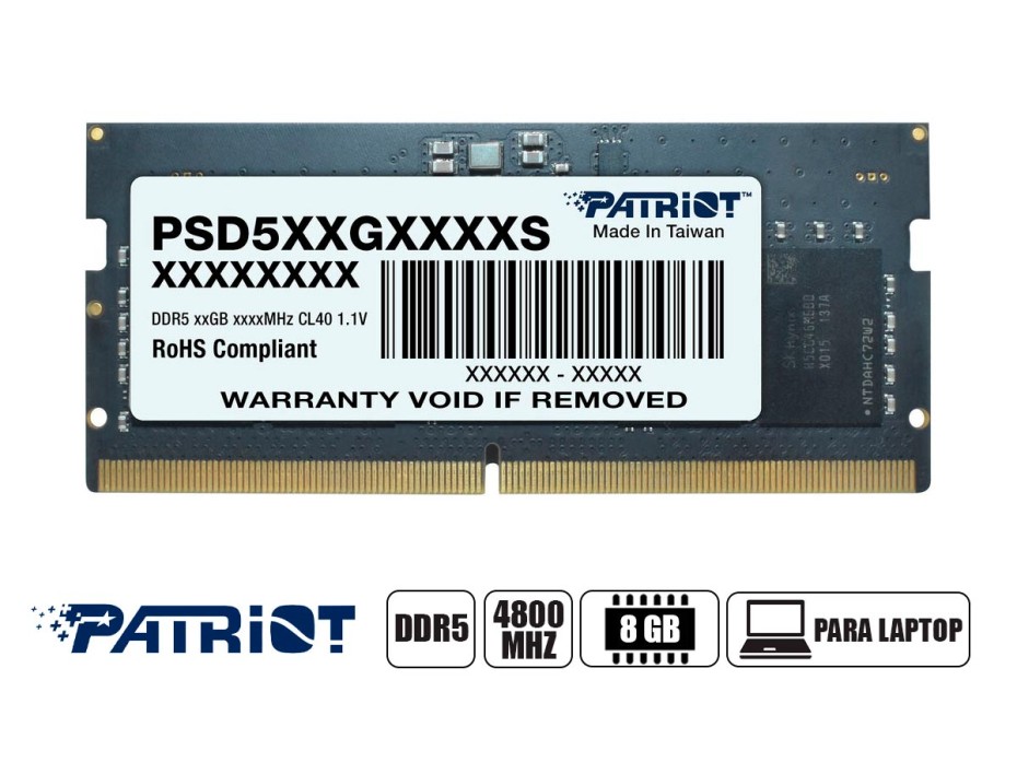 MEMORIA SODIM RAM PATRIOT DDR5 8GB, FRECUENCIA 4800 MHZ, SIGNATURE, NEGRO, PARA LAPTOP (PSD58G480041S)