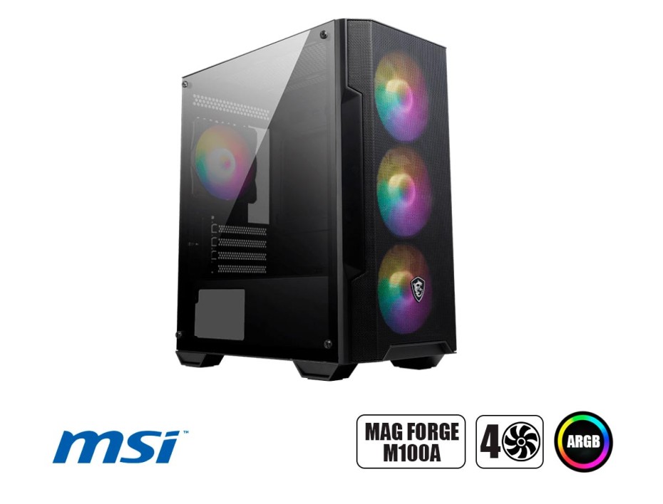 CASE MSI MAG FORGE M100A SIN FUENTE, CON PANEL LATERAL DE VIDRIO TEMPLADO, 4 VENTILADORES ARGB, 3 PUERTOS USB, COLOR NEGRO (FORGE M100A)