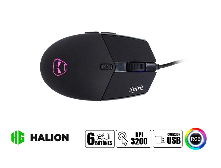 MOUSE HALION SPIRIT GAMING, SENSOR HASTA 3200 DPI, ILUMINACION RGB, CON 6 BOTONES, CONEXION USB, COLOR NEGRO (HA-M428)