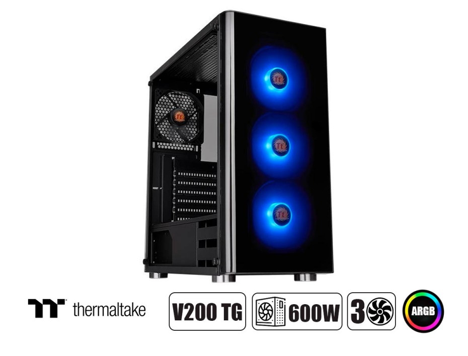 CASE THERMALTAKE V200 TG 600W NEGRO 1 PANEL VIDRIO 3 VENTILADORES ARGB (CA-3K8-60M1WU-02)