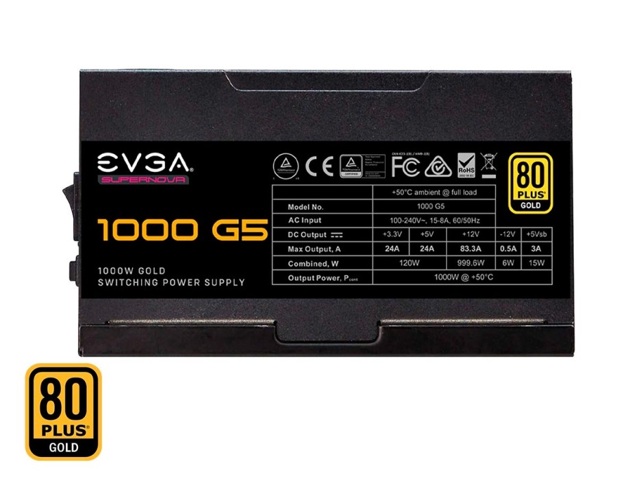 FUENTE DE PODER EVGA 1000W G5 ATX, NOVA GOLD 80 PLUS, MODULAR, COLOR NEGRO (220-G5-1000-X1)