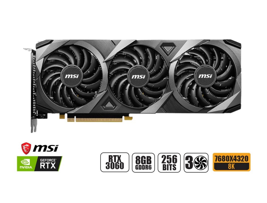 TARJETA DE VIDEO MSI VENTUS 3X LHR RTX 3060 TI OC 8GB GDDR6 GEFORCE NVIDIA 256 BITS, GRAFICO PARA VIDEOJUEGOS, 3 VENTILADORES (912-V397-246)