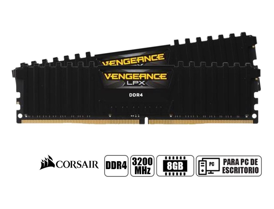 MEMORIA RAM CORSAIR DDR4 16GB (8GBX2), FRECUENCIA 3200 MHZ, VENGEANCE LPX NEGRO, PARA PC DE ESCRITORIO (CMK16GX4M2E3200C16)