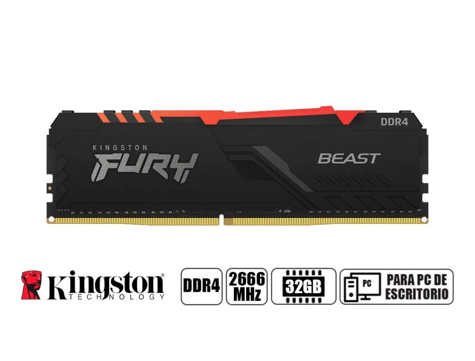 MEMORIA RAM KINGSTON DDR4 32GB, FRECUENCIA 2666 MHZ, FURY BEAST NEGRO, PARA PC DE ESCRITORIO (KF426C16BBA/32)