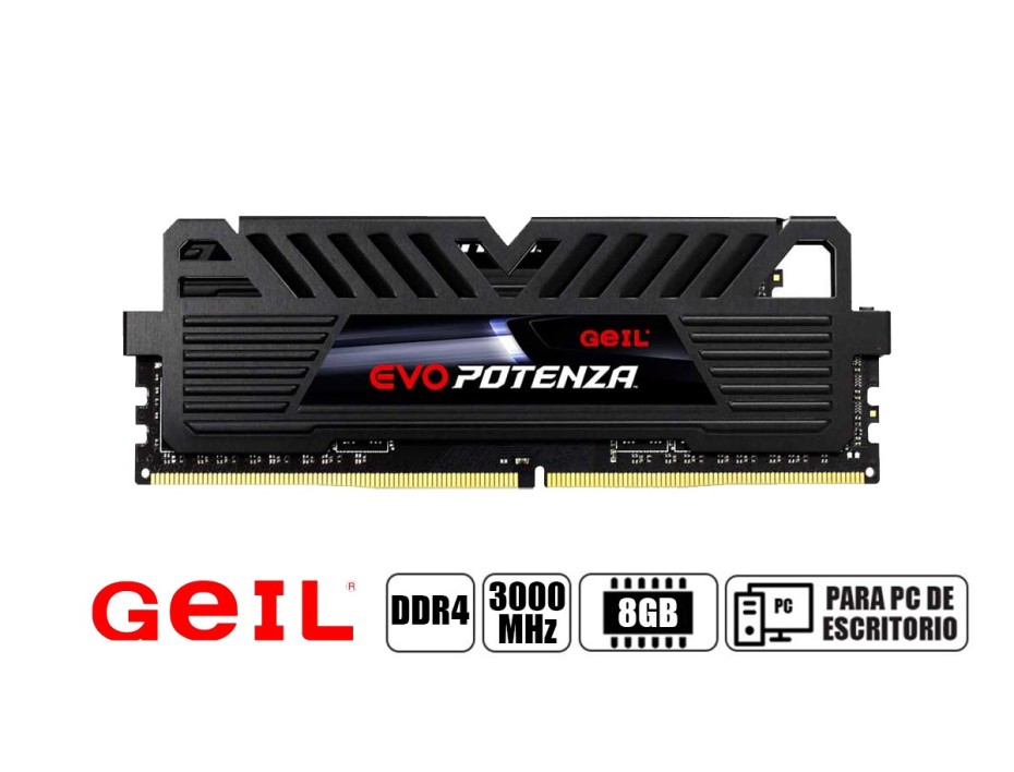 MEMORIA RAM GEIL DDR4 8GB, FRECUENCIA 3000 MHZ, EVO POTENZA NEGRO, PARA PC DE ESCRITORIO ( GAPB48GB3000C16ASC )