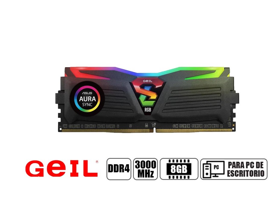 MEMORIA RAM GEIL DDR4 8GB, FRECUENCIA 3000 MHZ, SUPER LUCE CON ILUMINACION LED RGB, PARA PC DE ESCRITORIO (GALS48GB3000C16ASC )
