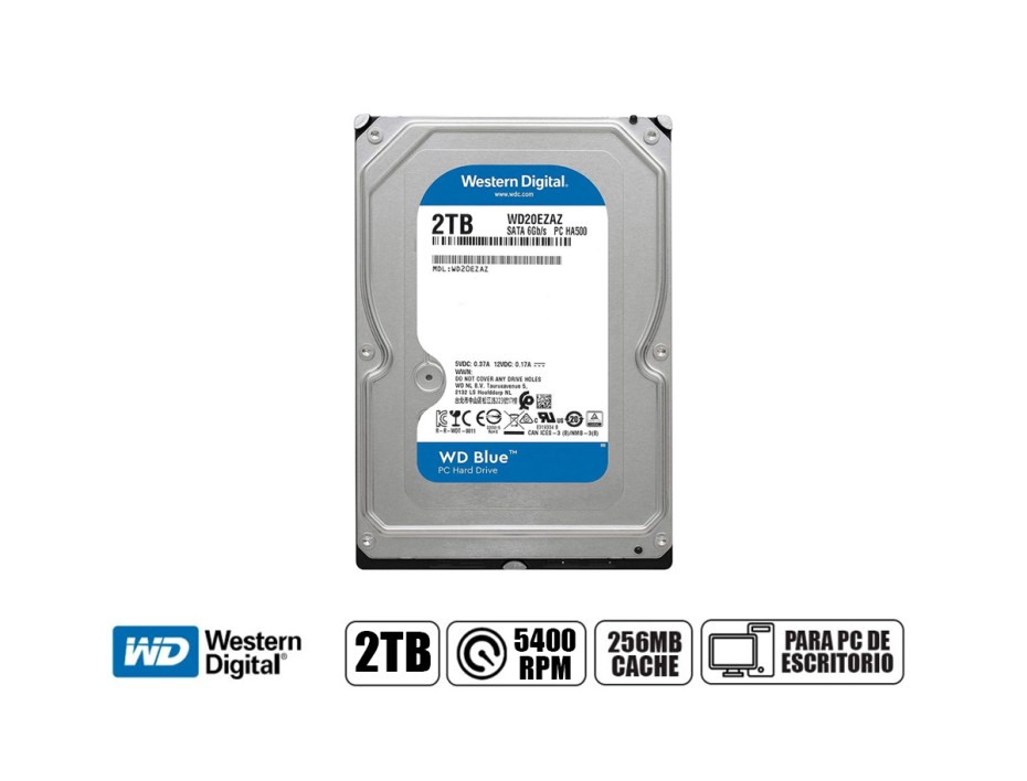 DISCO DURO WESTER DIGITAL 2TB AZUL, CACHE DE 256MB, VELOCIDAD DE ROTACION 5400 RPM, FORMATO DE 3.5", SATA 3, PARA PC DE ESCRITORIO (WD20EZAZ)
