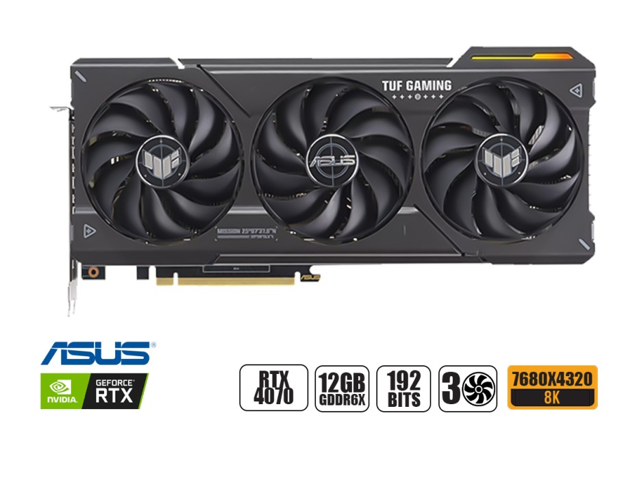 TARJETA DE VIDEO ASUS TUF RTX 4070 12GB GDDR6X GAMING GEFORCE NVIDIA 192 BITS, GRAFICO PARA VIDEOJUEGOS, 3 VENTILADORES (90YV0IZ1-M0AA00)