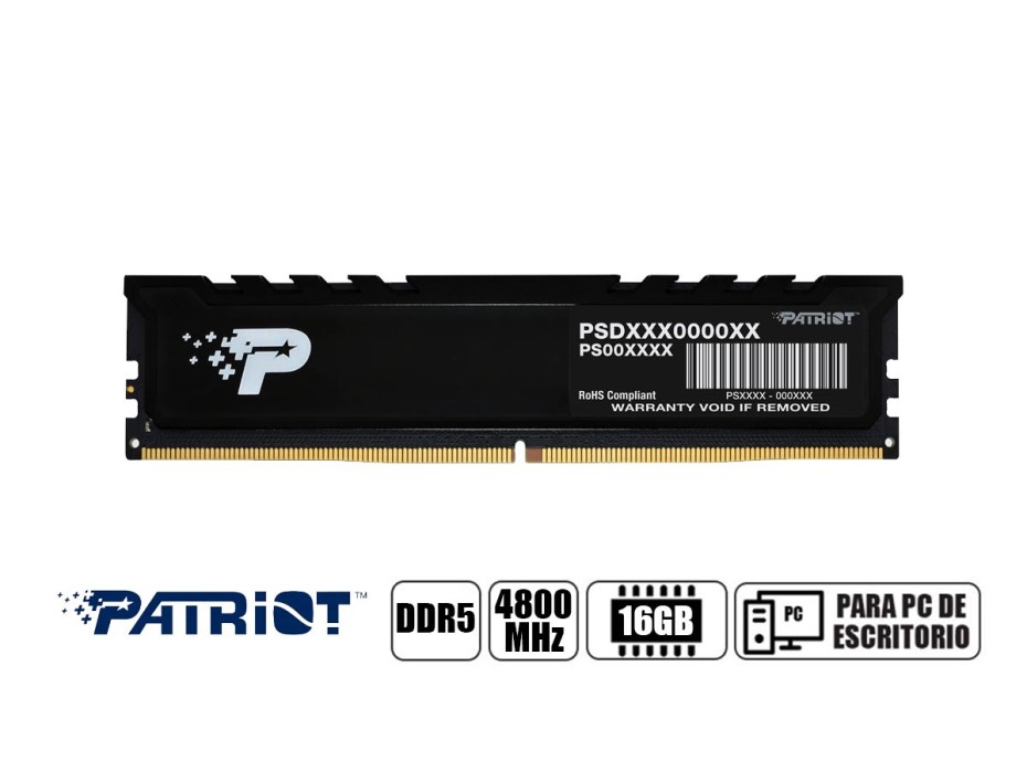 MEMORIA RAM PATRIOT DDR5 16GB, FRECUENCIA 4800 MHZ, SIGNATURE PREMIUM NEGRO, PARA PC DE ESCRITORIO (PSP516G480081H1)