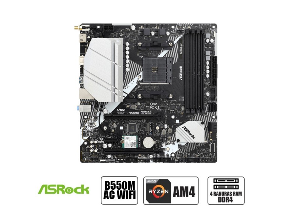 PLACA MADRE ASROCK B550M/AC WIFI AM4 4 RANURAS PARA MEMORIA ( 90-MXBE00-A0UAYZ )