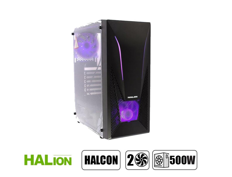 CASE HALION FALCON FUENTE 500W, CON PANEL LATERAL DE VIDRIO TEMPLADO,  2 VENTILADORES LED RGB, 3 PUERTOS USB, SONIDO DE AUDIO, COLOR NEGRO (FALCON)