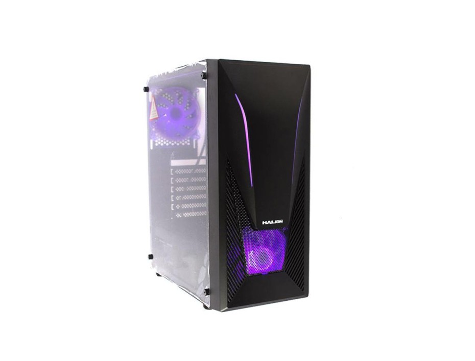 CASE HALION FALCON FUENTE 500W, CON PANEL LATERAL DE VIDRIO TEMPLADO,  2 VENTILADORES LED RGB, 3 PUERTOS USB, SONIDO DE AUDIO, COLOR NEGRO (FALCON)