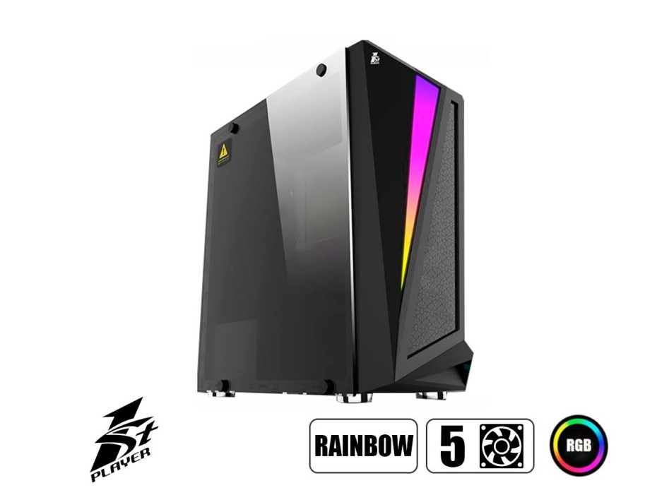 CASE 1STPLAYER RAINBOW R5, SIN FUENTE, COLOR NEGRO 2 PANEL VIDRIO, LED -RGB (1S-CA1ST-R5-BLACK)