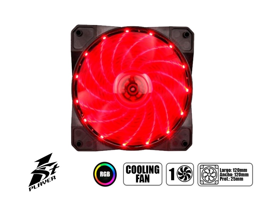 COOLER PARA CASE 1STPLAYER COOLING FAN, 120X120X25M, CON ILUMINACION LED ROJO, 3 - 4 PINES PERIFERICOS (A1)