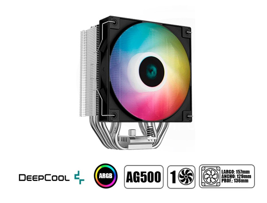COOLER PARA PROCESADOR, DEEPCOOL AG500 ARGB, 157X129X136MM, RODAMIENTO HIDRAULICO, 1 VENTILADOR, MATERIAL DE ALUMINIO (R-AG500-BKANMN-G)