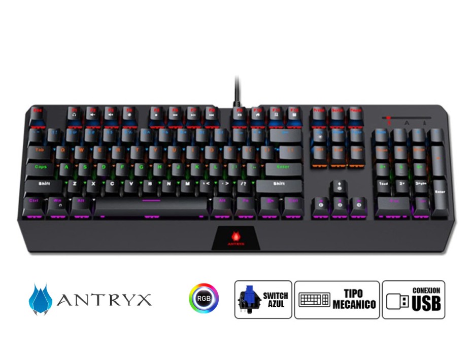 TECLADO ANTRYX GAMER MECANICO CHROME STORM MK730, 9 EFECTOS DE ILUMINACIÓN PREESTABLECIDOS, SWITCH BLUE RGB - LED (AMK-730KBL-SP)