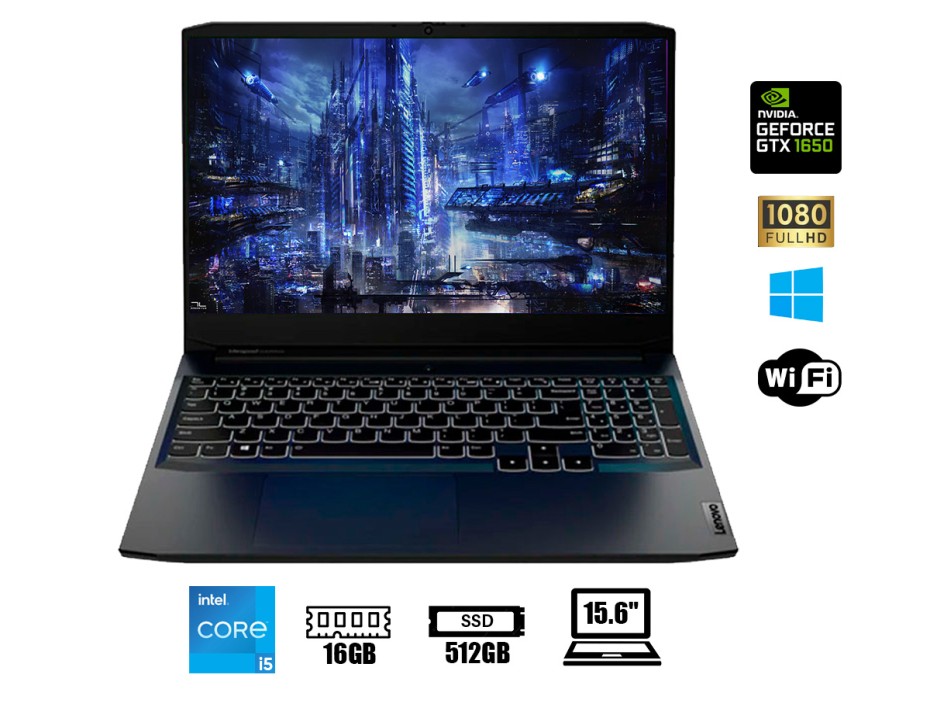 LAPTOP LENOVO CORE I5 GAMING 11320H IP3, 15IHU6, PANTALLA 15.6 PULGADAS FHD, RAM 16GB, SSD 512 GB, VIDEO 1650 4GB, WINDOWS 11 (82K1019XAR)