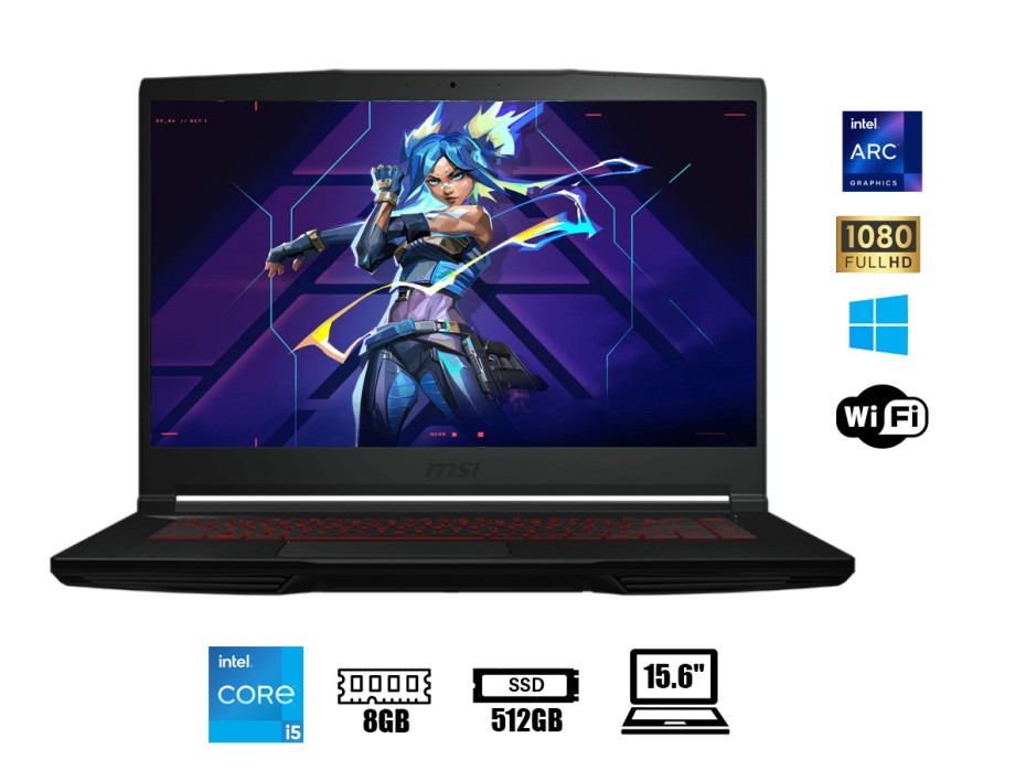 LAPTOP MSI CORE I5 12450H, GAMING, THIN GF63, 15.6" FHD 144HZ, RAM 8GB, M.2 512GB, VIDEO INTEL ARC A370M 4GB, W11 (THIN GF63212HW-001US)
