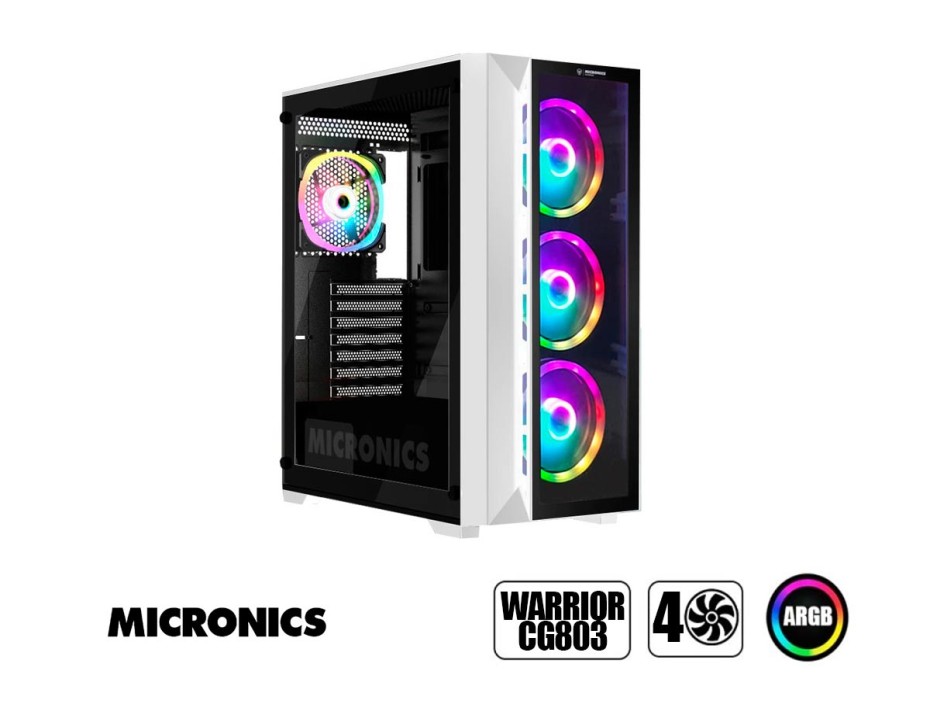 Case Micronics Warrior Cg803 White S/fuente (mic Cg803-w) Panel De Vidrio, 4 Ventiladores, Led Argb, Blanco