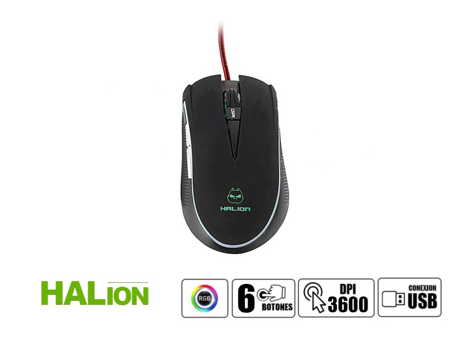 Mouse Halion Mustang Gaming, Sensor Hasta 3600 Dpi, Iluminacion Rgb