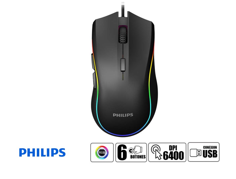 Mouse Philips G403 Gaming, Brighten Up Sensor Hasta 6400 Dpi, Iluminacion Rgb, Con 6 Botones Programables, Conexino Usb, Color Negro (spk9403b/00)
