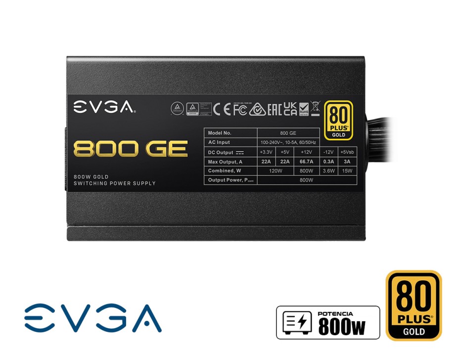 FUENTE DE PODER EVGA 800W GE ATX, GOLD 80 PLUS, CABLE FLAT, COLOR NEGRO (200-GE-0800-V1)