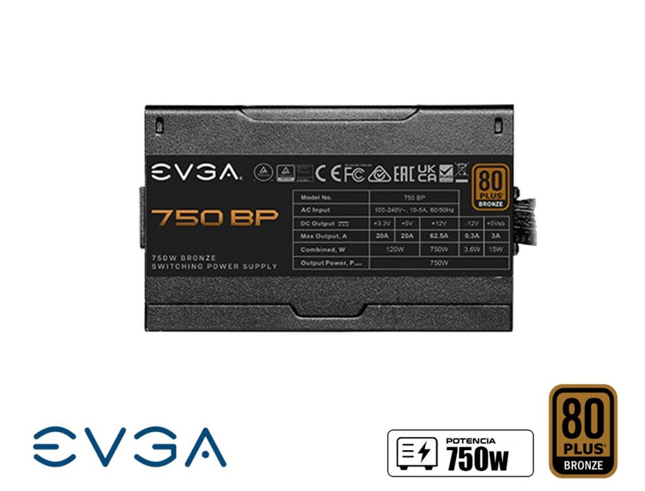 FUENTE DE PODER EVGA 750W BP ATX, BRONZE 80 PLUS, CABLE FLAT, COLOR NEGRO (100-BP-0750-K1)