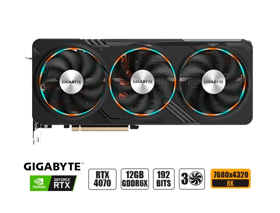 TARJETA DE VIDEO GIGABYTE RTX 4070 12GB GDDR6X GEFORCE NVIDIA 192 BITS, GAMING, GRAFICO PARA VIDEO JUEGOS, 3 FAN (GV-N4070GAMING OC-12GD)