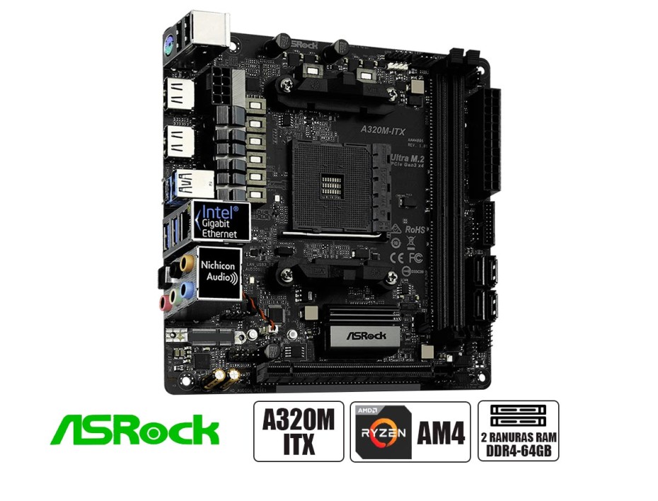 PLACA MADRE ASROCK A320M-ITX, PARA PROCESADORES AMD RYZEN AM4, 2 RANURAS DE MEMORIA DDR4 HASTA 64GB, PEQUEÑO EFICIENTE  (90-MXB7X0-A0UAYZ)