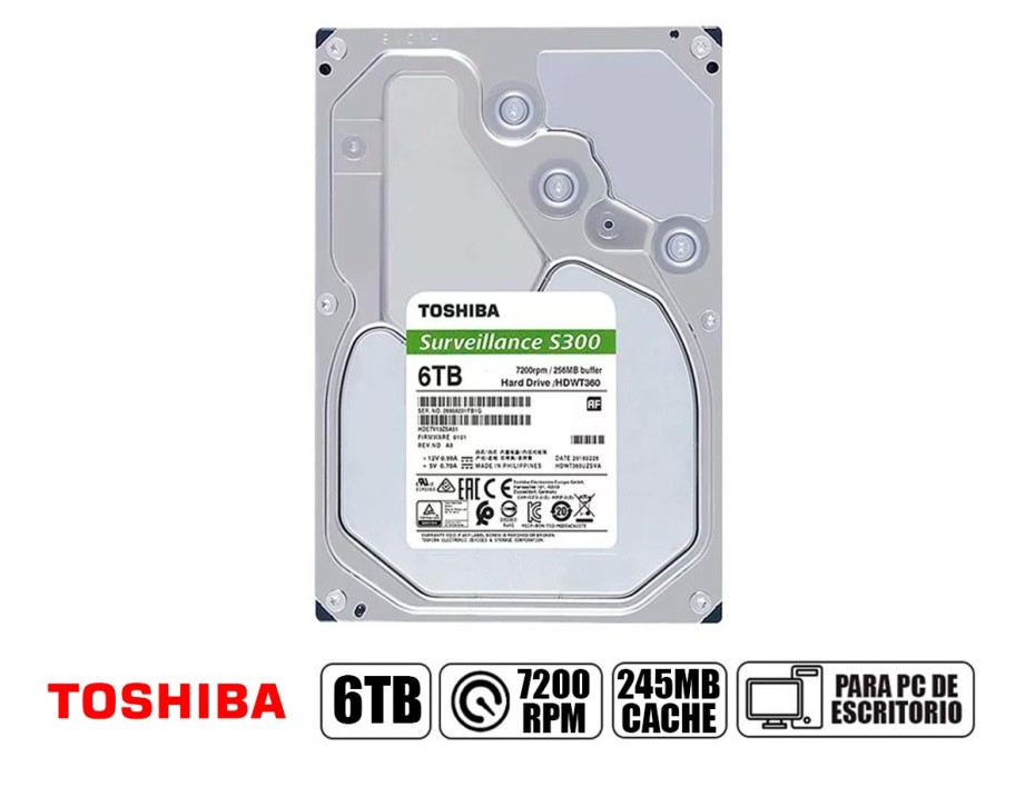 DISCO DURO TOSHIBA 6TB S300 PARA VIGILANCIA, CACHE 245MB, VELOCIDAD DE ROTACION 7200 RPM, FORMATO DE 3.5", SATA 6 (HDWT360UZSVAR)