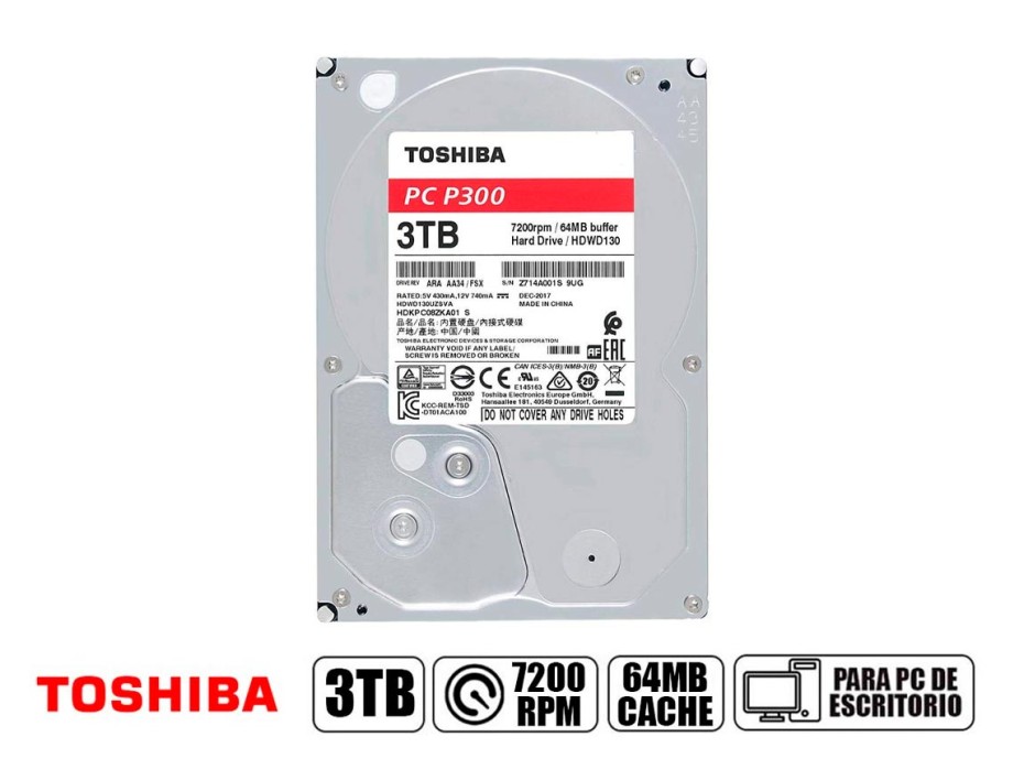 DISCO DURO TOSHIBA 3TB, P300 CACHE DE 64MB, VELOCIDAD DE ROTACION 7200 RPM, FORMATO DE 3.5", SATA 3, PARA PC DE ESCRITORIO (HDWD130UZSVA)