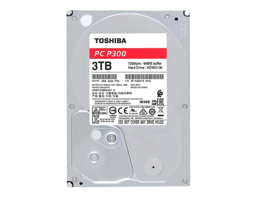 DISCO DURO TOSHIBA 3TB, P300 CACHE DE 64MB, VELOCIDAD DE ROTACION 7200 RPM, FORMATO DE 3.5", SATA 3, PARA PC DE ESCRITORIO (HDWD130UZSVA)