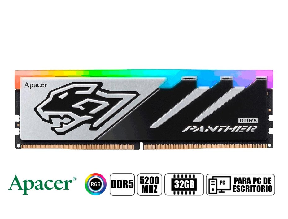 MEMORIA RAM APACER DDR5 32GB, FRECUENCIA 5200 MHZ, RGB, PANTHER DDR5, PARA PC DE ESCRITORIO ( AH5U32G52C5229BAA-1 )