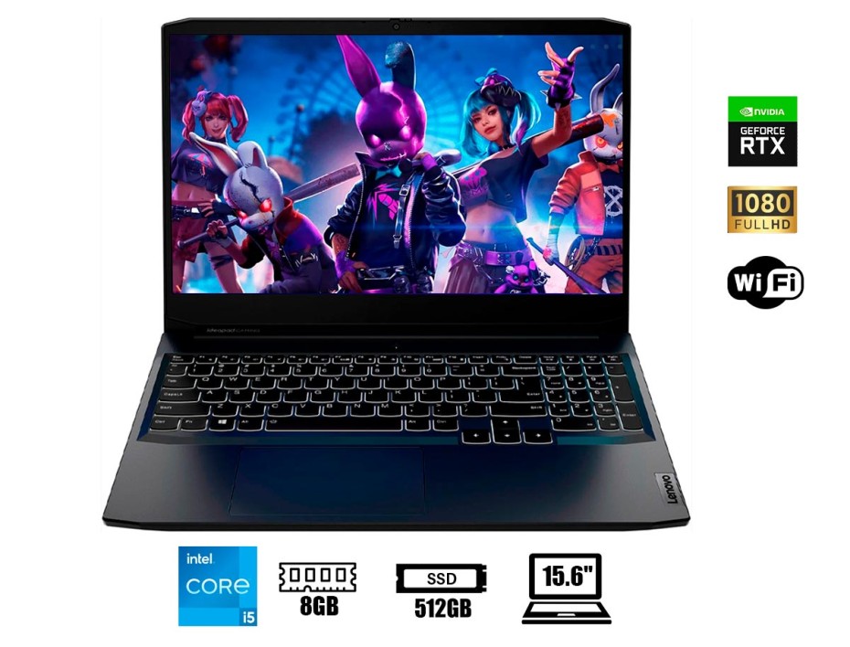 LAPTOP LENOVO IDEAPAD GAMING 3, 15.6" FHD IPS CORE I5-12450H 2.0 / 4.4GHZ, RAM 8GB DDR4-3200, SSD M.2 512GB, RTX 3050 4GB, S/S (82S900YELM)
