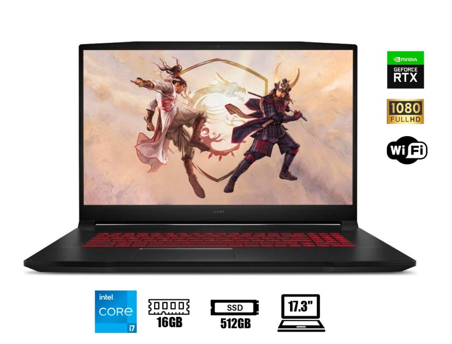 LAPTOP MSI KATANA GF76 GAMING CORE I7-11800H, SSD 512GB, RAM 16GB, 17.3" FHD 144HZ WIN10,  RTX 3050TI 4GB, BLACK BACKLIT KEYBOARD (GF76001)