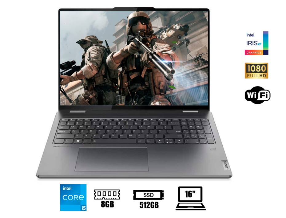LAPTOP LENOVO YOGA 7 16IRL8 2-IN-1 CORE I5-1335U 512GB SSD 8GB 16" WUXGA FHD TOUCHSCREEN WIN11 STORM GREY BACKLIT KEYBOARD (82YN0001US)