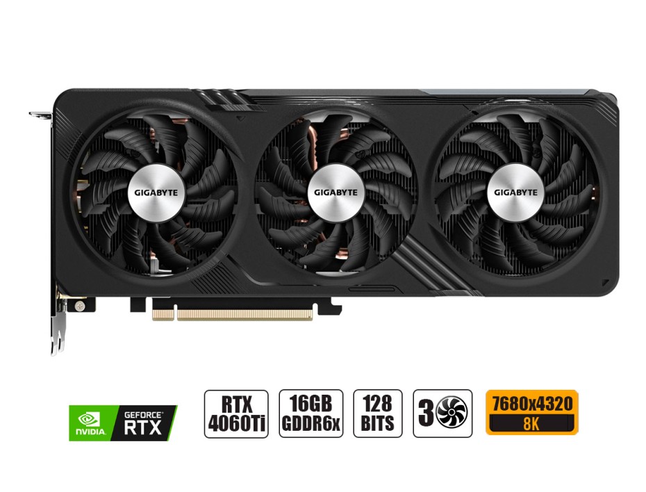 TARJETA DE VIDEO GIGABYTE RTX 4060TI 16GB, GAMING , GDDR6 GEFORCE NVIDIA 128 BITS, GRAFICO PARA VIDEOJUEGOS, 3 VENTILADORES ( GV-N406TGAMINGOC-16 )