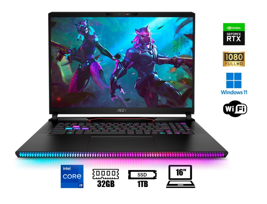 LAPTOP MSI RAIDER GE68HX GAMING CORE I9-13950HX, 16" FHD, SSD 1TB, RAM 32GB, RTX 4060 8GB, 144HZ, WIN11, BLACK BACKLIT( RAIDERGE6813062)