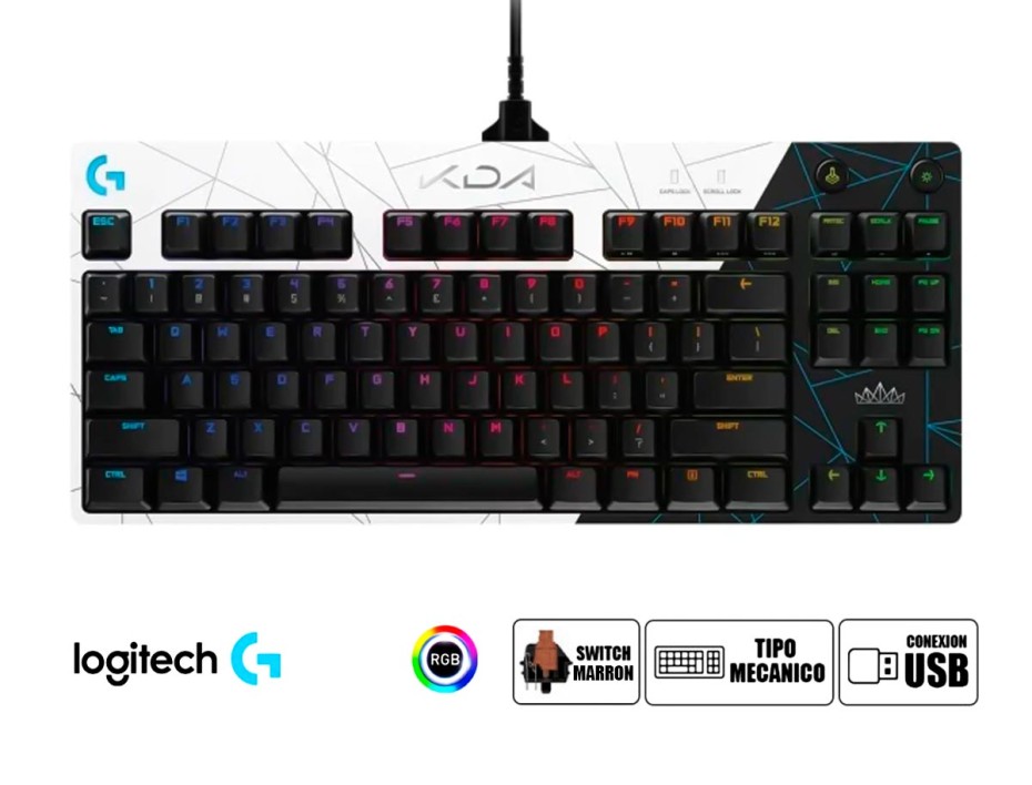 TECLADO LOGITECH GAMER PRO KDA, ILUMINACIÓN RGB LED LIGHTSYNC, INTERRUPTORES GX BLUE CON CLICK PERCEPTIBLE (920-010074)