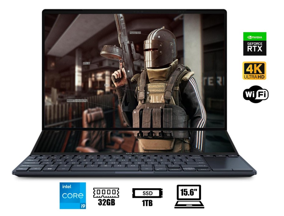 LAPTOP ASUS CORE I9-12900H ZENBOOK PRO DUO UX582ZW-XB99T (UX582ZW-XB99T) 15.6" UHD OLED | RAM 32GB | SSD 1TB | RTX 3070TI 8GB | WIN11| US. | 12GEN.