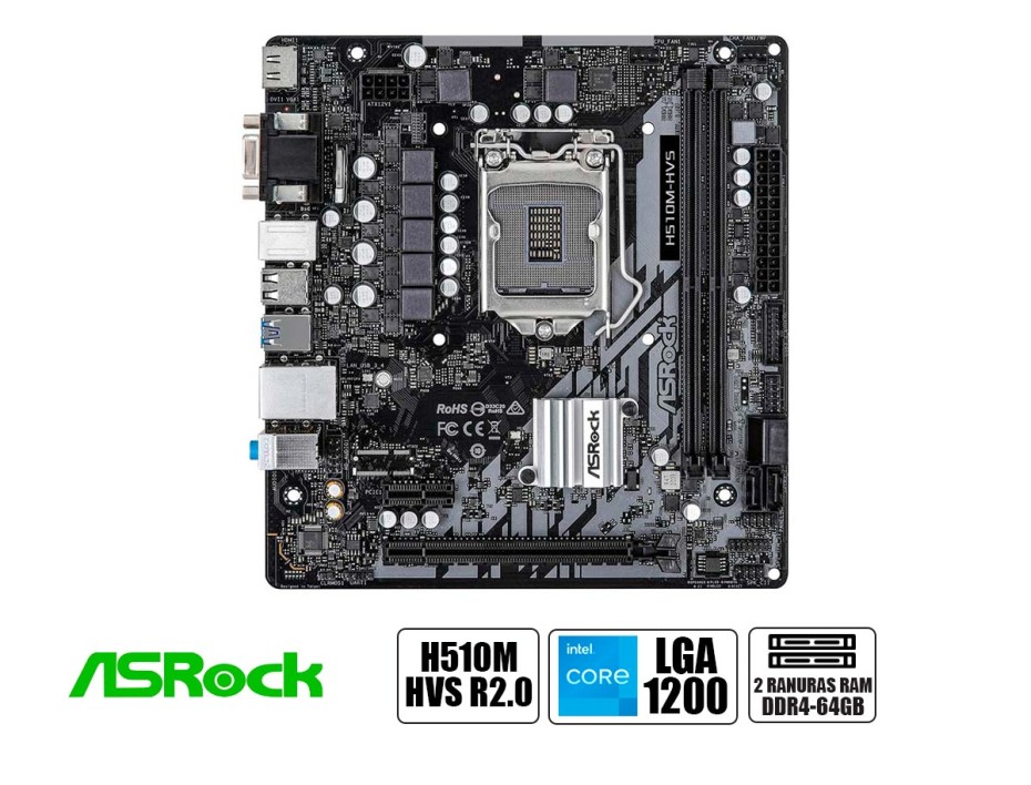 PLACA MADRE ASROCK H510M-HVS R2.0, OEM PARA PROCESADORES INTEL LGA 1200, 2 RANURAS DE MEMORIA DDR4 HASTA 64 GB BUSS 3200 MHZ, 10MA 11G.(90-MXBGT0-A0