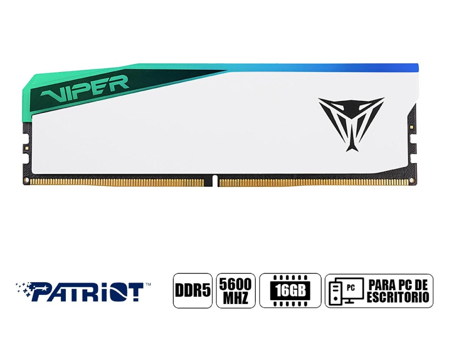 MEMORIA RAM PATRIOT DDR5 16GB, FRECUENCIA 5600 MHZ, VIPER ELITE 5 BLANCO, PARA PC DE ESCRITORIO, CON RGB, CL42 (PVER516G56C38W)