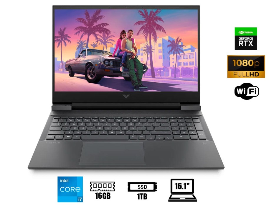 LAPTOP HP VICTUS 16-R0085 GAMING CORE I7-13700H, 16.1" FHD, SSD 1TB, RAM 16GB, RTX 4070 8GB, 144HZ, IPS, WIN11, MICA SILVER RGB, 13GEN. (8Y487UA#ABA)