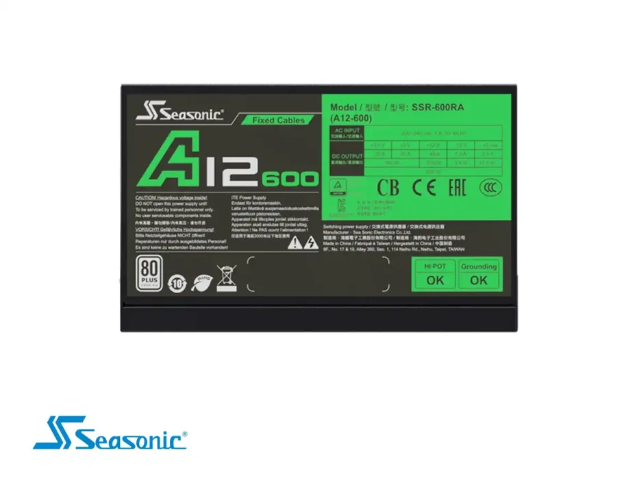 Fuente De Poder Seasonic 600w A12 (ssr-600ra) Atx, 80 Plus White, No Modular, Negro